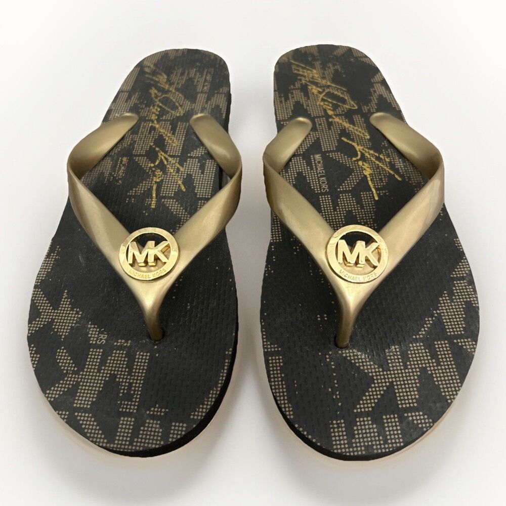 MICHAEL KORS Womens 9 BLACK and GOLD Signature Flip Flop THONG SANDALS